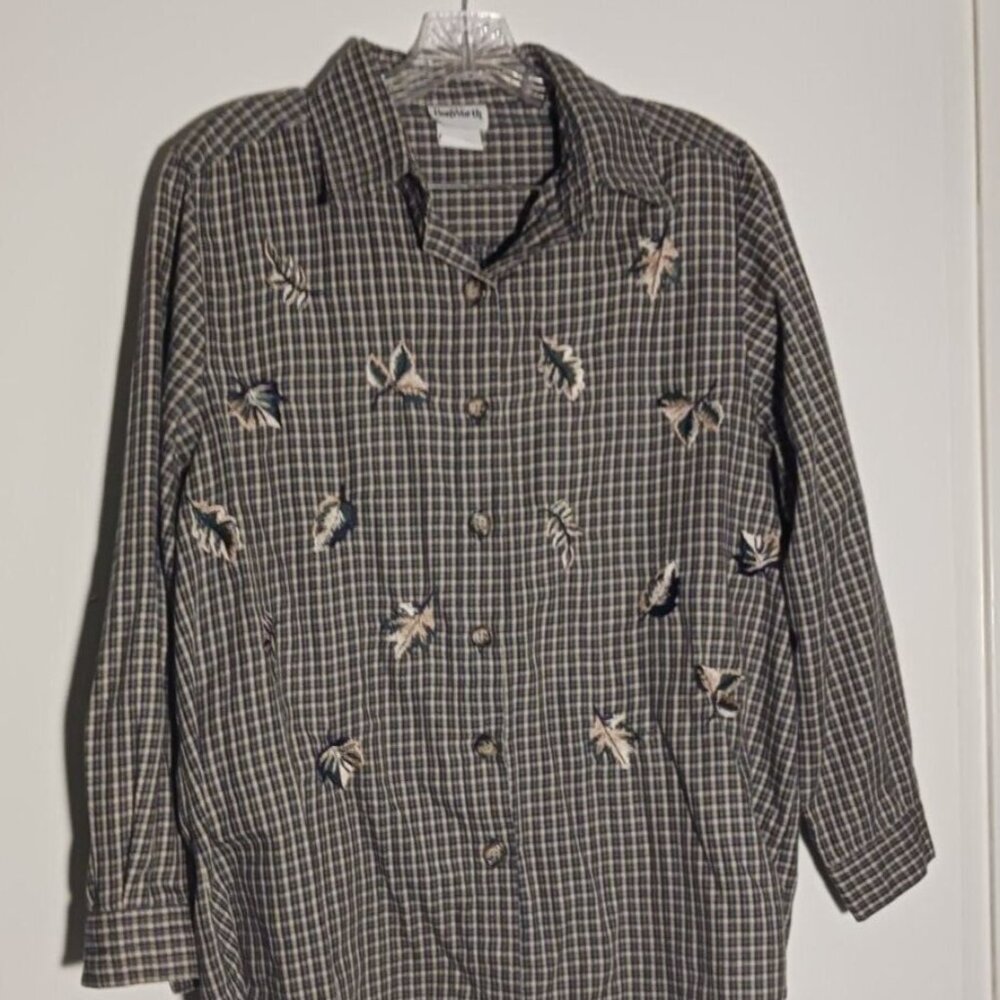 Bonworth Womans Medium Plaid Green Embroidery Leaves Shirt Long Sleeves